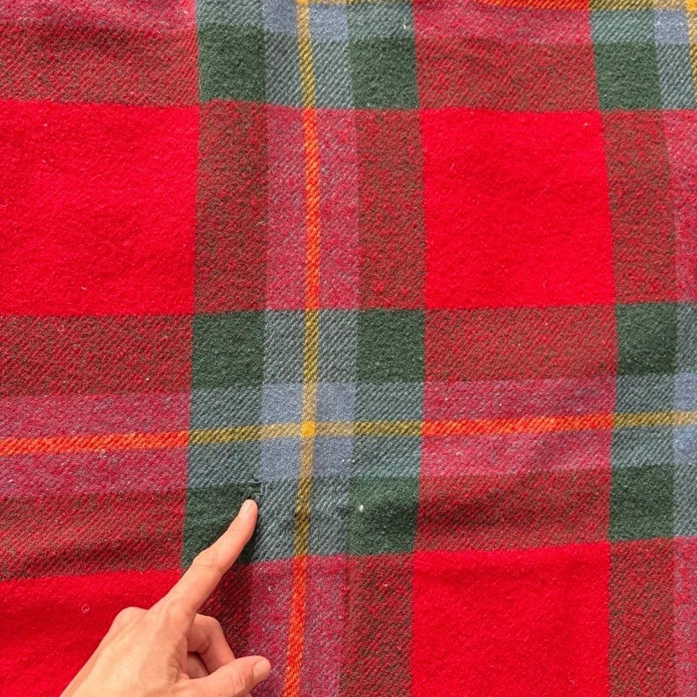 Vintage‎ Plaid Wool Blanket Throw Red Green Fringe Tartan Christmas Holiday
